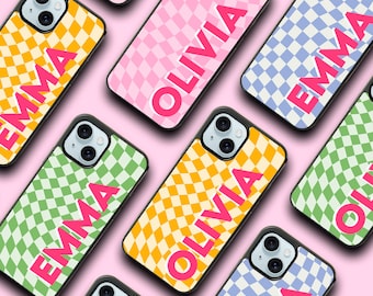 Cute custom name phone case with checkered backgorund,  Custom gift for her, Personalized name phone case for iPhone 7 8 SE X 11 12 13 14 15