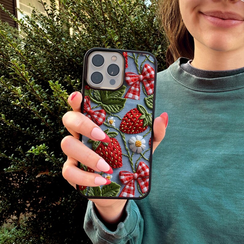Embroided strawberry iPhone case / Cute summer fruit phone case / Fruit cover for iPhone 15 14 13 12 11 X XR SE Samsung S24 S23 S22 S21 A53 image 6