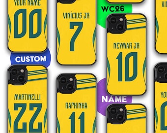Personalized Brazil football phone case World Cup 2026 edition, Custom name football phone case with you name and number for iPhone Samsung