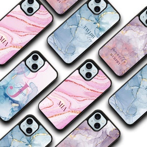 Aangepast marmeren hoesje/ Gepersonaliseerde naamcover/ iPhone-hoesje monogram/ Leuk, trendy telefoonhoesje/ Aangepast cadeau voor haar/ Roze marmeren iPhone Samsung