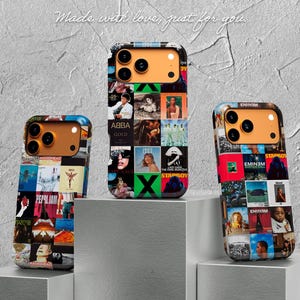 May include: Three phone cases with colorful collage designs featuring album art and text. The cases have a black border and an orange camera cutout. The text "Where protection meets personality" and "Made with love, just for you" is visible.