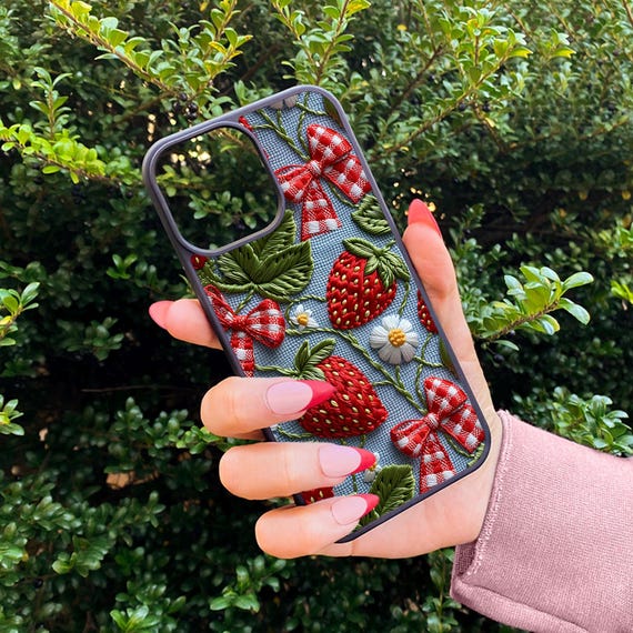 Embroided strawberry iPhone case / Cute summer fruit phone case / Fruit cover for iPhone 15 14 13 12 11 X XR SE Samsung S24 S23 S22 S21 A53