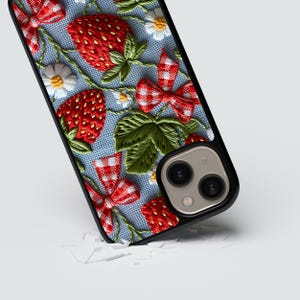 Embroided strawberry iPhone case / Cute summer fruit phone case / Fruit cover for iPhone 15 14 13 12 11 X XR SE Samsung S24 S23 S22 S21 A53 image 4