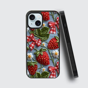 Embroided strawberry iPhone case / Cute summer fruit phone case / Fruit cover for iPhone 15 14 13 12 11 X XR SE Samsung S24 S23 S22 S21 A53 image 5