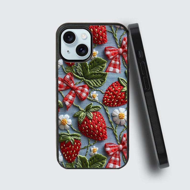 Embroided strawberry iPhone case / Cute summer fruit phone case / Fruit cover for iPhone 15 14 13 12 11 X XR SE Samsung S24 S23 S22 S21 A53 image 5