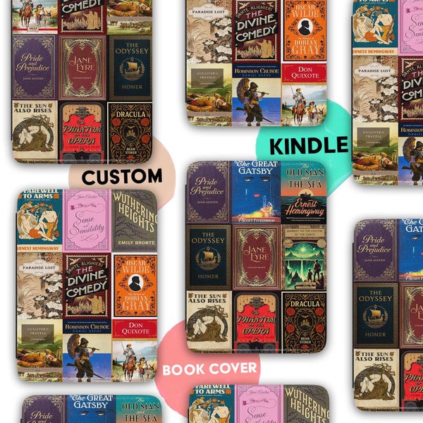 Personalized Bookish Library Kindle case with your favourite books from any Era for paperwhite, colorsoft 12th gen.