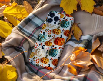 Cute Pumpkin Halloween iPhone MagSafe case, Faux Embroidery case, Halloween Fall aesthetic cover, iPhone Samsung Google Pixel Tough case
