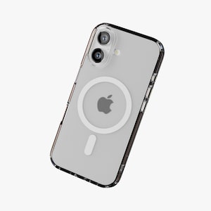 May include: Transparent phone case with a black trim, displaying the phone's rear. The case has a white MagSafe ring and a white charging indicator. The phone's camera lenses are visible at the top.