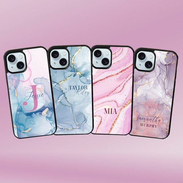 Aangepaste marmeren behuizing/gepersonaliseerde naam cover/monogram iPhone-hoesje/leuke, trendy telefoonhoes/aangepast cadeau voor haar/roze marmeren iPhone Samsung