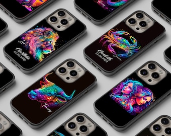 Personalized All Zodiac signs phone case with your name / Astrology cover for iPhone X XR 11 12 13 14 15 16 Samsung S21FE S21 S22 A53 etc.
