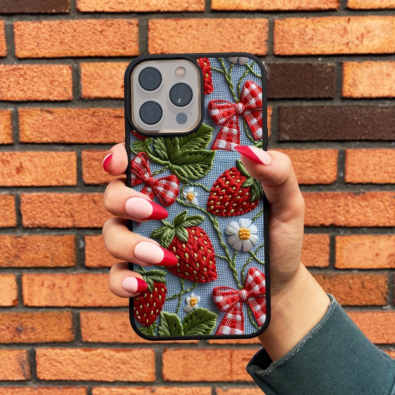 Embroided strawberry iPhone case / Cute summer fruit phone case / Fruit cover for iPhone 15 14 13 12 11 X XR SE Samsung S24 S23 S22 S21 A53 image 2