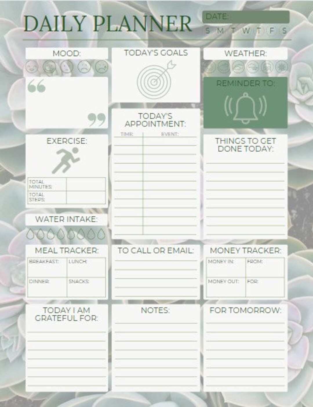 Succulent Daily Calendar Sheet, Planner, to Do Printable, Digital ...