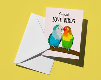 Tarjeta de boda "Felicidades, pájaros enamorados"