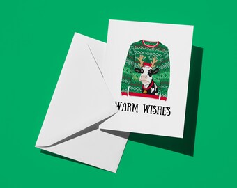 Tarjeta navideña con suéter: Ilustración de vaca