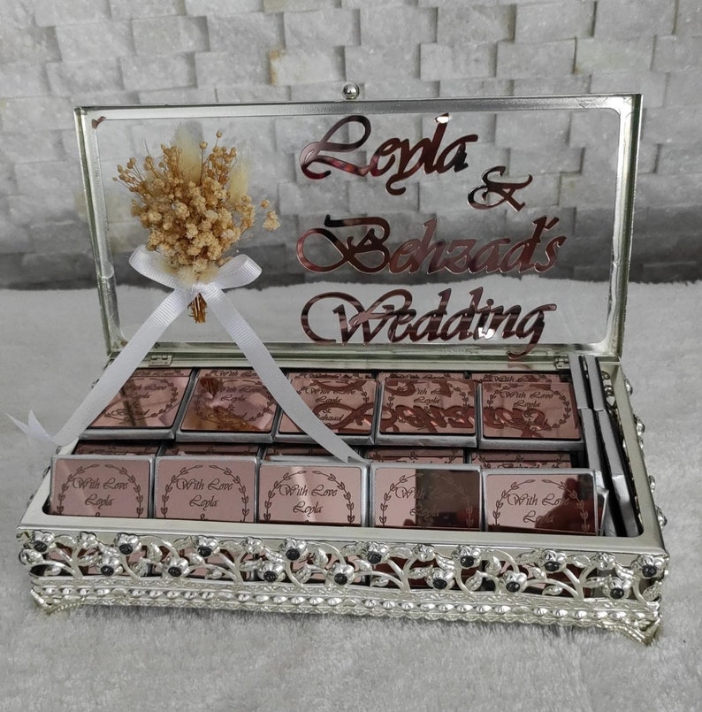 Wedding Chocolate Favors with Custom Glass Box, Personalized Chocolate Favors for Wedding, Baptism, Quinceañera Sweet 16, Baby Shower image 5