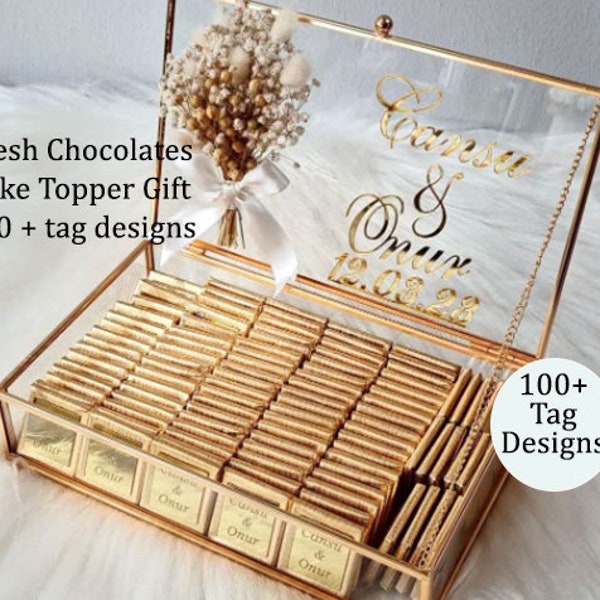 Wedding Chocolate Favors with Custom Glass Box, Personalized Chocolate Favors for Wedding, Baptism, Quinceañera Sweet 16, Baby Shower