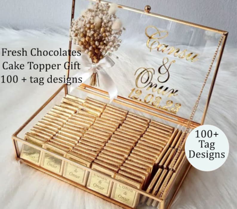 Wedding Chocolate Favors with Custom Glass Box, Personalized Chocolate Favors for Wedding, Baptism, Quinceañera Sweet 16, Baby Shower image 1