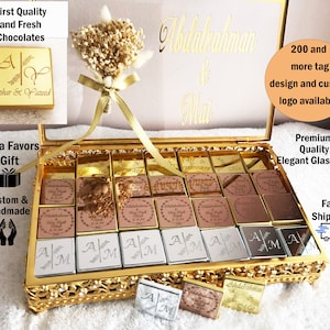Wedding Chocolate Favors with Custom Glass Box, Personalized Chocolate Favors for Wedding, Baptism, Quinceañera Sweet 16, Baby Shower