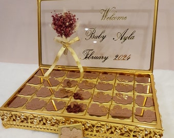 Baby Shower Chocolate Favors with Custom Glass Box, Personalized Chocolate Favors for Wedding, Baptism, Quinceañera Sweet 16, Baby Shower