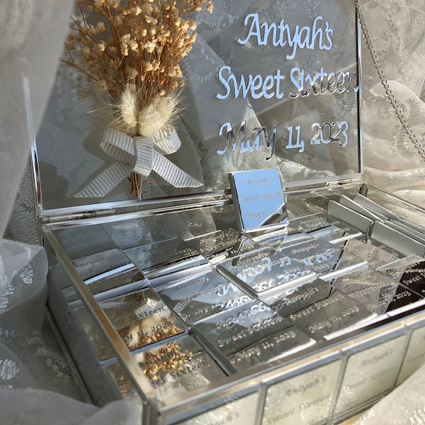 Custom Chocolate Favors for Wedding, Baptism, Quinceañera, Sweet 16, Baby Shower, Bridal Shower, Silver, Gold, Rose with Decorated Glass Box