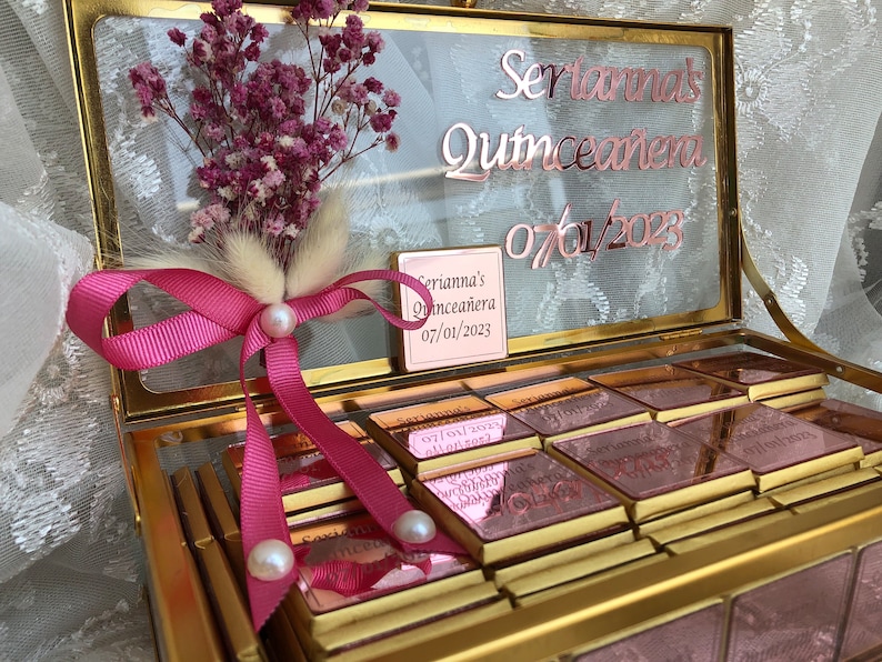 Wedding Chocolate Favors with Custom Glass Box, Personalized Chocolate Favors for Wedding, Baptism, Quinceañera Sweet 16, Baby Shower image 4