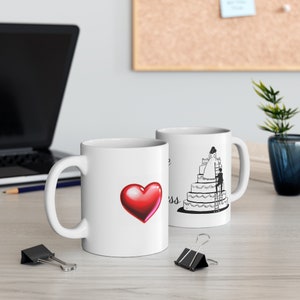 Love in Progress Mug - Romantic Wedding Gift - Bride and Groom Climbing Cake - Elegant Ceramic Coffee Cup - Engagement Keepsake