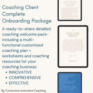 Può includere: Un pacchetto di onboarding digitale per i clienti di coaching. Il testo sullo schermo recita "Coaching Client Complete Onboarding Package" e include un elenco di funzionalità: "Innovativo", "Completo" e "Efficace".