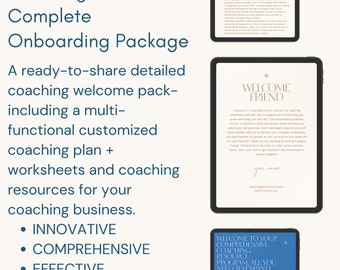 May include: A digital coaching onboarding package for clients. The text on the screen reads "Coaching Client Complete Onboarding Package" and includes a list of features: "Innovative", "Comprehensive", and "Effective".