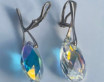 Brincos de pressão com cristais Swarovski: Brincos pendentes em prata de lei