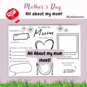 May include: A printable Mother's Day worksheet with a black and white design. The worksheet has sections for writing about a mother, including her name, age, things the child loves about her, and what she always says. There is also a section for drawing a picture of the mother.