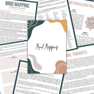 Pode incluir: Um mapa mental com cores verde, laranja e marrom, que descreve o conceito de valores e como eles impactam nossas vidas. O mapa mental inclui as palavras "Mind Mapping", "Pathway to Purpose", "Good Versus Bad Values", "Vices", "Virtues" e "Personal Thoughts".