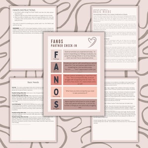 May include: A pink and white printable worksheet with the title "FANOS Partner Check-In" and a heart symbol. The worksheet is divided into five sections: Feelings, Affirmations, Needs, Ownership, and Struggles. Each section has a brief description and a question to be answered by the user.