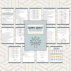 May include: A printable worksheet titled "Quirk Quest: Unveil the mystery behind your madness, because every nut deserves its own shell!" with a stylized image of a person with leaves growing from their head. The worksheet is designed to help people understand their personality type.