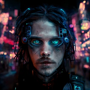 May include: A person with glowing blue eyes and cybernetic implants, set against a backdrop of blurred neon lights. The image has a futuristic aesthetic. The person has dark hair and a serious expression, with a hint of stubble.