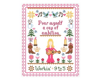 Dolly Parton "9 to 5" Cup of Ambition Cross Stitch Sampler Pattern | Digital Download