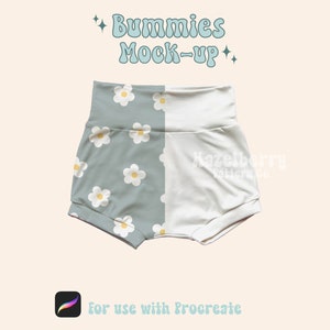 May include: A digital mockup of a pair of baby bloomers with a white and blue daisy print. The bloomers are for use with the Procreate app.