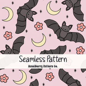 May include: A seamless pattern with cartoon bats, crescent moons, flowers, and stars on a pink backdrop. The image includes the text "Seamless Pattern" and "HazelBerry Pattern Co."