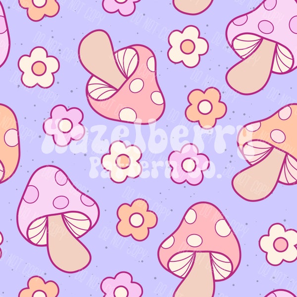 Mushroom Seamless Pattern, Mushroom and Floral Seamless File, Mushroom Seamless File, Groovy Seamless Pattern, Retro Mushroom Pattern