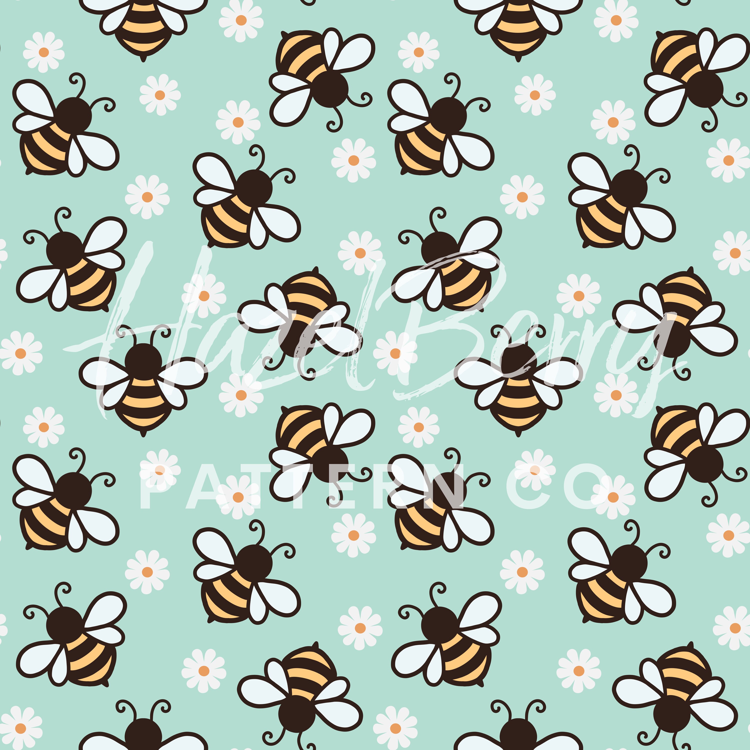 Spring Bees Seamless Pattern, Digital Download, Daisy Seamless Pattern, Bee Seamless with Blue Background, Bee Pattern