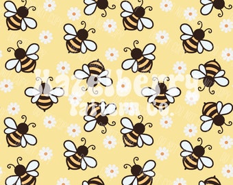 Spring Bees Seamless Pattern, Digital Download, Daisy Seamless Pattern, Bee Seamless File with Yellow Background