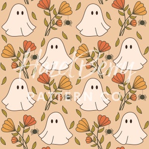 Retro Ghosts Seamless Pattern, Digital Download, Floral Ghost Seamless File, Cute Halloween Pattern for Custom Fabric, Digital Paper