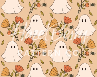 Retro Ghosts Seamless Pattern, Digital Download, Floral Ghost Seamless File, Cute Halloween Pattern for Custom Fabric, Digital Paper