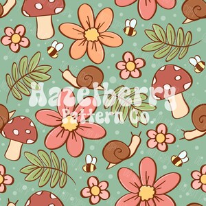 Cottagecore Seamless Pattern, Boho Snails Seamless File, Spring Seamless Pattern, Cute Summer Seamless, Boho Seamless Pattern, Bee Seamless