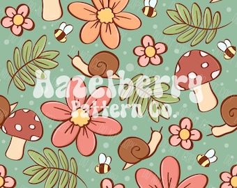 Cottagecore Seamless Pattern, Boho Snails Seamless File, Spring Seamless Pattern, Cute Summer Seamless, Boho Seamless Pattern, Bee Seamless