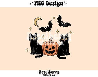 Halloween-kat PNG, retro Halloween-png, digitale download, Black Cat Halloween-T-shirtontwerp voor sublimatie, DTF