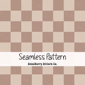 May include: A seamless pattern featuring a checkerboard design in shades of beige and brown. The text "Seamless Pattern" is displayed in a handwritten font, with "HazelBerry Pattern Co." below it.