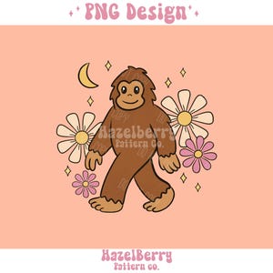 Puede incluir: Una ilustración de dibujos animados de un Bigfoot marrón caminando por un campo de flores rosas y amarillas. El Bigfoot sonríe y tiene una expresión amigable. El fondo es de color melocotón claro.