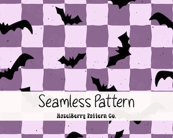 Bat Seamless Pattern, Digital Download, Wavy Checkerboard Seamless File, Bat PNG, Cute Halloween Seamless File, Purple Bat Seamless