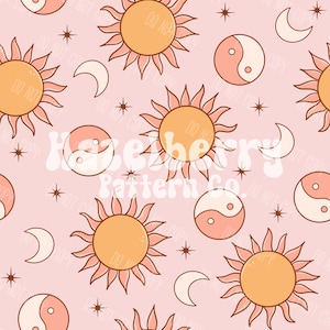 Retro Sun Seamless Pattern, Hippie Sun Seamless File, Yin Yang Seamless File, Groovy Seamless File for Custom Fabric, Sublimation, Paper