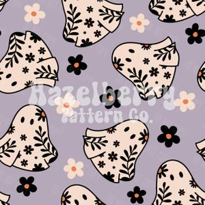 Retro Ghosts Seamless Pattern/ Digital Download/ Hippie Ghosts Seamless File/ Cute Ghost Seamless Pattern/ Floral Ghost Pattern